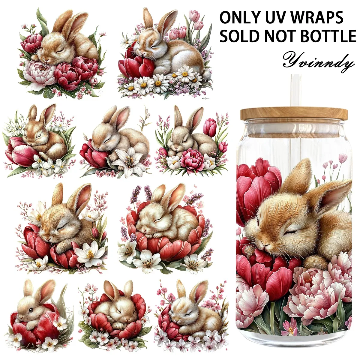 5PCS/SETRed-flowered Rabbit UV DTF DIY 16OZ Transferaufkleber für DIY-Becher (nur der Transferaufkleber ist im Lieferumfang enthalten)