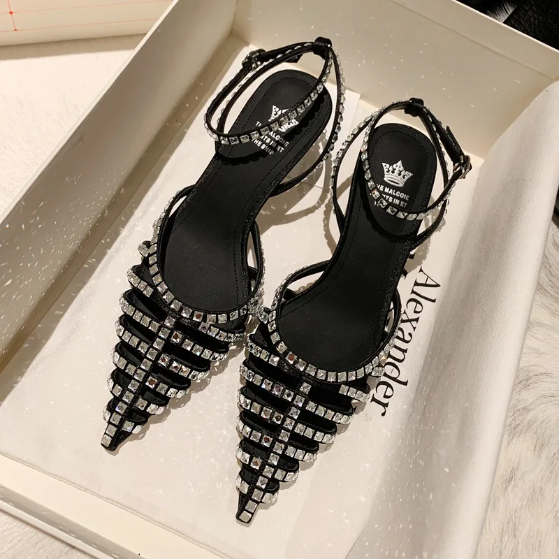 

Summer New Pointed Hollow Retro Rhinestone Sandals Slim High Heel Leggings Back Hollow Party Dress Versatile Women's Shoes