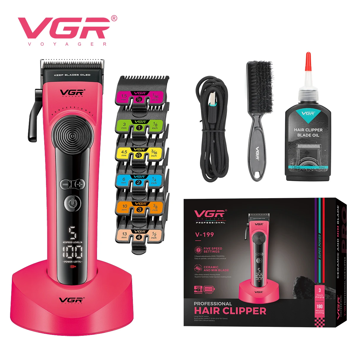 

VGR new electric hair clipper men's high-end hair clipper 8000 RPM multi gear adjustable hair trimmer with base push shear V-199