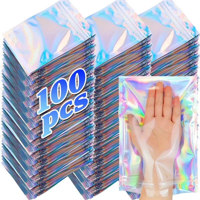 100-piece holographic bag, multi-size laser rainbow pattern self-sealing bag, suitable for candy bag and front window samples