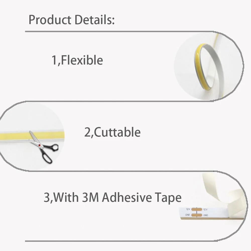 COB LED 스트립 유연한 라이트 바, 따뜻한 흰색, 장식 조명용, 5V, 12V, 24V, 5mm, 3000K, 4000K, 5700K