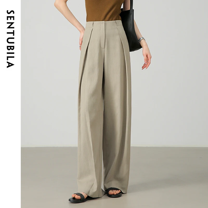 SENTUBILA Texture Linen Pants for Women 2024 Autumn Loose Fit Solid Elastic Waist Folds Comfort Wide Leg Pants 143K57611X