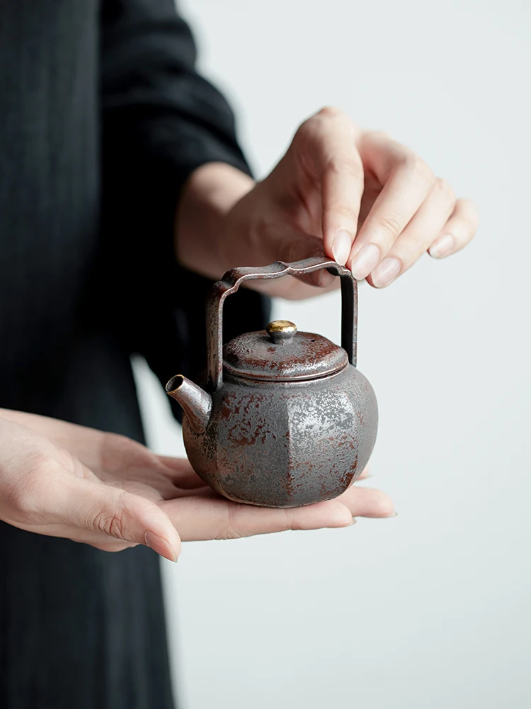 Household Set with Filter Single Pot Old Rock Clay Rust Red Pure Perillaseeds Eight Square Loop-Handled Teapot Making