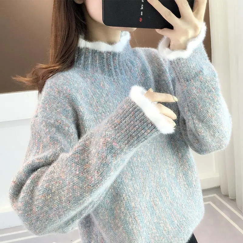 

Autumn Winter New Style Outerwear Versatile Fabric Long Sleeve Women's Loose Fitting High Collar Thick Knit Base Shirt
