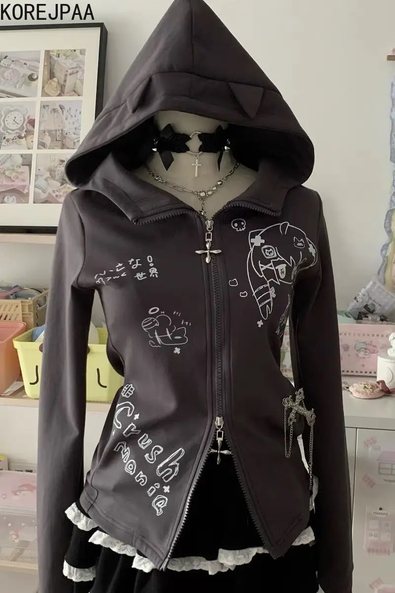 

Korejpaa Casual Slim Jackets 2025 Early Autumn Long Sleeve Top Streetwear Women Printed Zipper Hooded Chaquetas Para Mujer