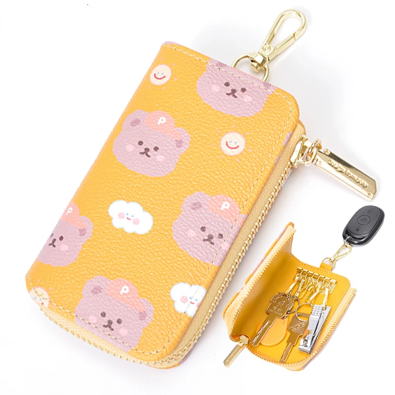 LLavero de gran capacidad con estampado de oso para mujer, cartera con cadena y cremallera para llaves de coche, funda organizadora de cuero PU,