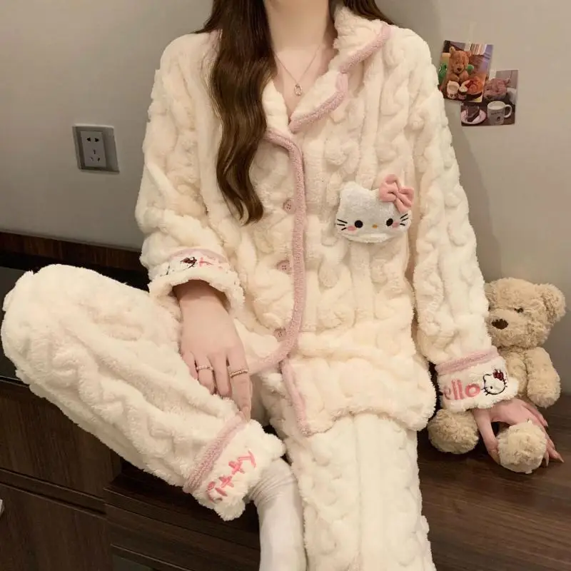 Sanrio Kit Girl Flannel Flip Collar Keep Warm Cardigan Pajama Set Kawaii Hello Kitty Comic Winter Go Out Thickening Home Clothes