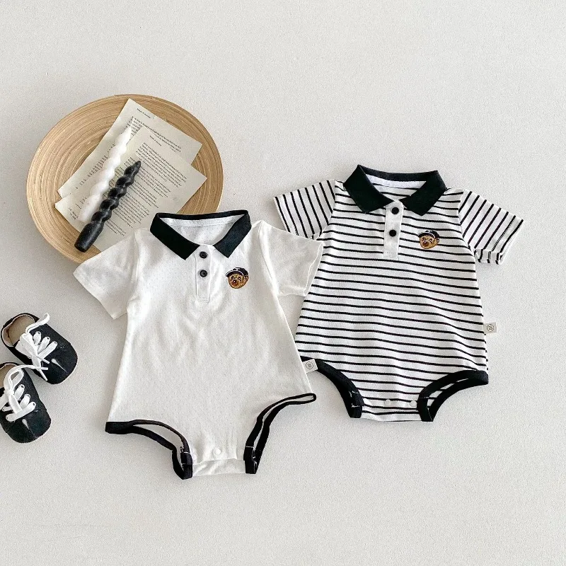 UNITIM Summer Infant Babys Bodysuits Pure Cotton Thin Sticker Kids Girls Rompers Turn Down Collar Striped 0-2Yrs Girls Jumpsuits