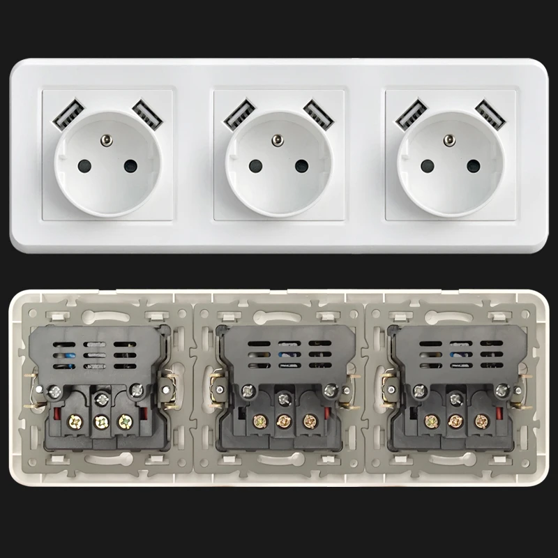 

European regulation foreign trade German socket 80 type concealed triple 16A French regulation dual USB charging socket