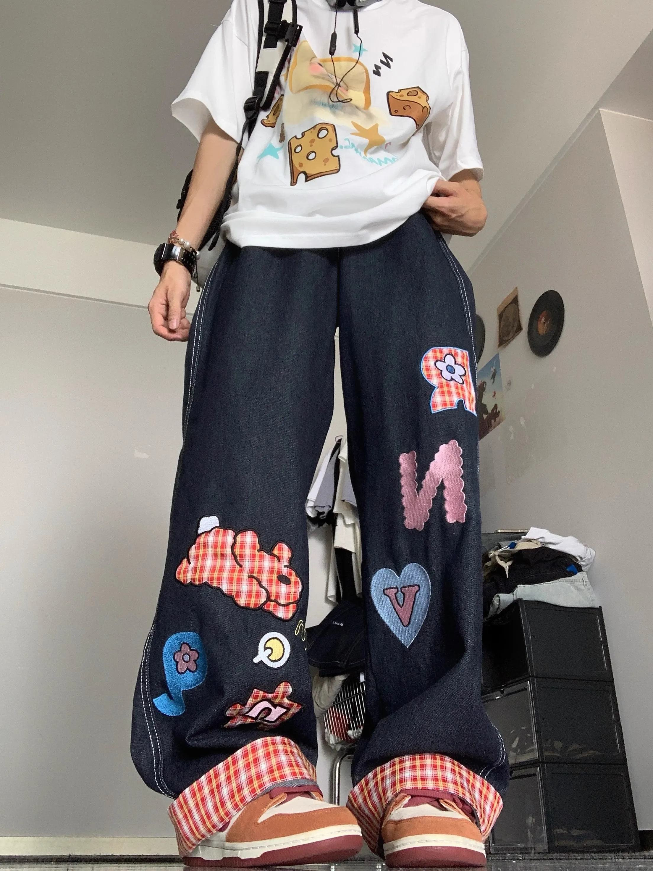 

Vintage Women Sweatpants Baggy Korean Preppy Style Retro Trousers Streetwear Y2k Checkered patchwork rolled edge jeans KOREAN