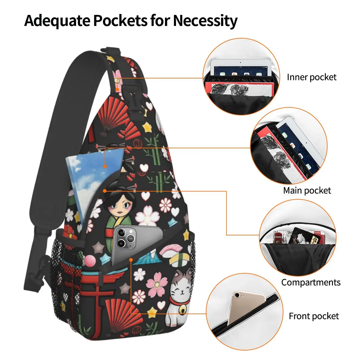 Maneki Neko glückliche Katze Schulter tasche Brust Cross body Schulter Rucksack Wandern Reise Tages rucksäcke Kokeshi Kawaii Casual Pack