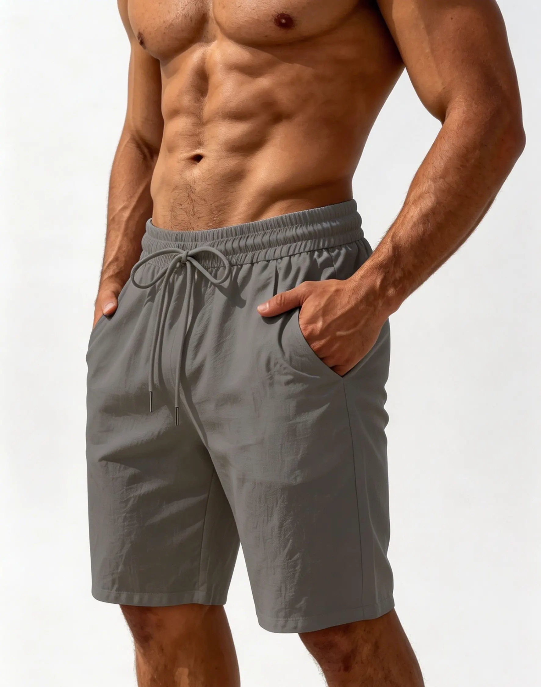 Neue Sommer Herren Baumwoll-Leinen Freizeitshorts Atmungsaktive Kordelzug-Shorts mit Taschen für Strand und Alltag – Detail 1