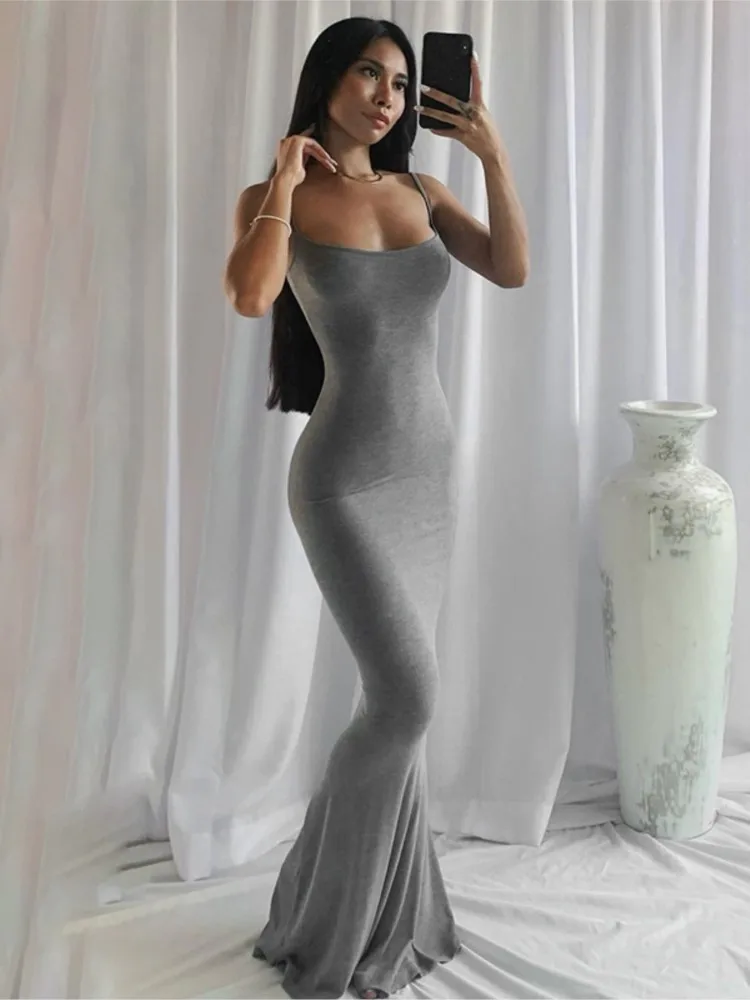 

2025 Summer Women's Sexy Bodycon Dresses Solid Color Sleeveless Slim Peach Buttocks Hip Mermaid Hem Slip Dress