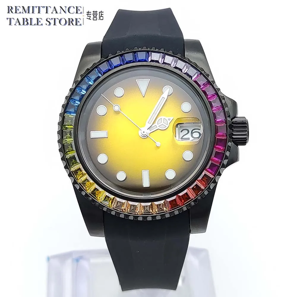 Men\'s Black Business Watch Featured Coloured Diamond Bezel Sapphire Glass Sterile Dial NH35 Automatic Mechanical Watch