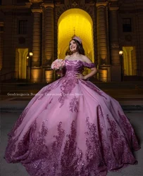 Rose Pink Princess Gorgeous Quinceanera Dresses 2024 Cathedral Train Elegant One Shoulder Diamond Beaded Applique Mexico 16Dress