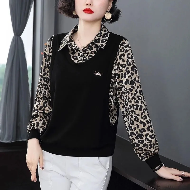 Elegante manga longa chiffon impresso camisa para mulheres coreano vintage all-match emendado solto blusa casual primavera roupas femininas