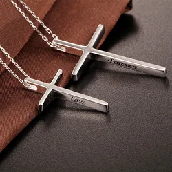Real S925 Silver Jewelry Smooth Cross Pendant for Men and Women Trendy and Simple Hip-Hop Couple Collarbone Chain Accessories