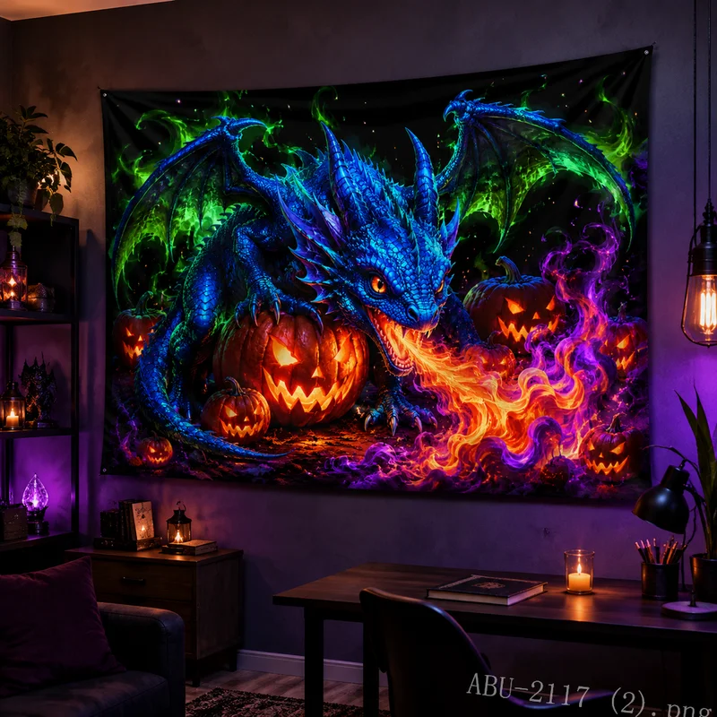 VIKAMA Psychedelic Raven Tree Tapestry Green Smoke Skull Gothic Witchy Wall Hanging Aesthetic Bedroom Home Decor