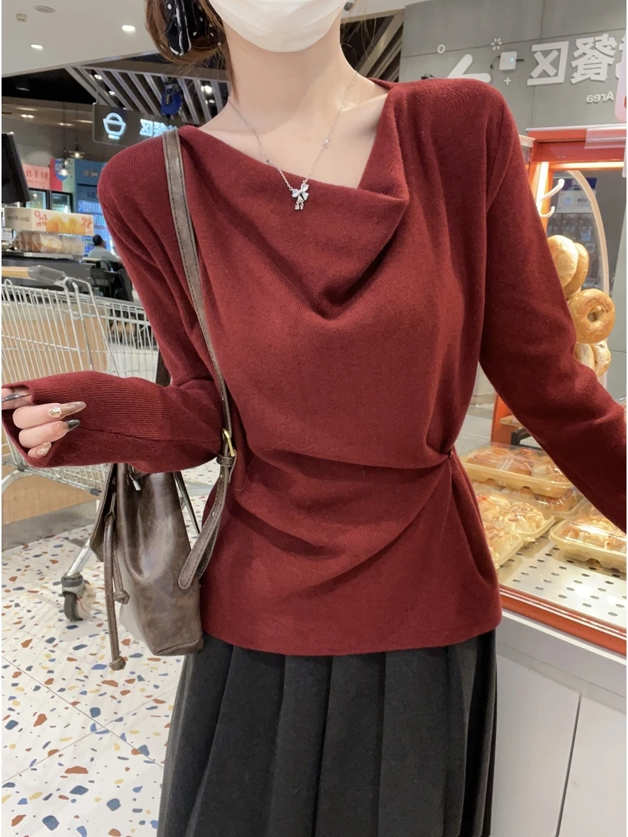 

Korean Sle Slim Fit Long Sve Knitted Sweater Women's Inner Wear Red Knit Top Autumn Winter New Arrival High End Feeling