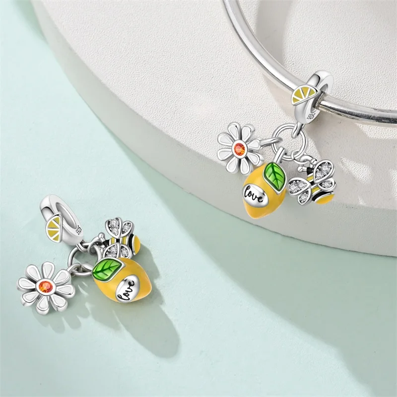 New 925 Sterling Silver Lemon Charms Beads CZ Zircon Dangle Fit 3mm Original Bracelet DIY Women Jewelry Gifts