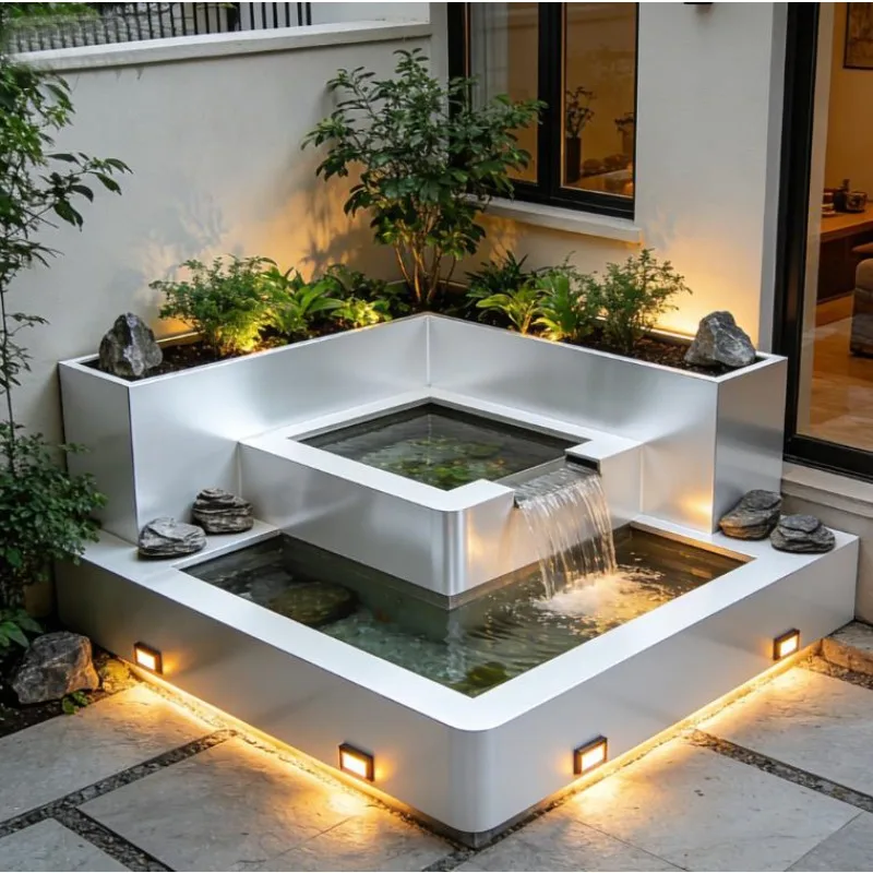Luxury Stainless Steel Water Feature with Fish Pond & Planter Modern Outdoor Garden Fountain with LED Light for Villa Courtyard