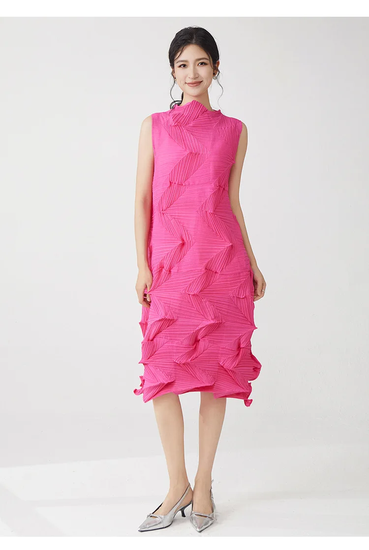 Miyake Plissierter Einfarbiger Rock 2025 Sommer Neues Kleid Elegantes Ärmelloses Loses Vielseitiges Midikleid – Detail 3