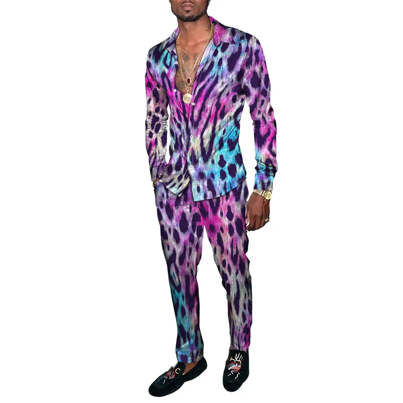 Rainbow Leporard Florial 3D Print Men\'s 2 Piece Sets Oversized Shirts Outfits Trousers Tracksuit Trend Male Clothing Causal Suit