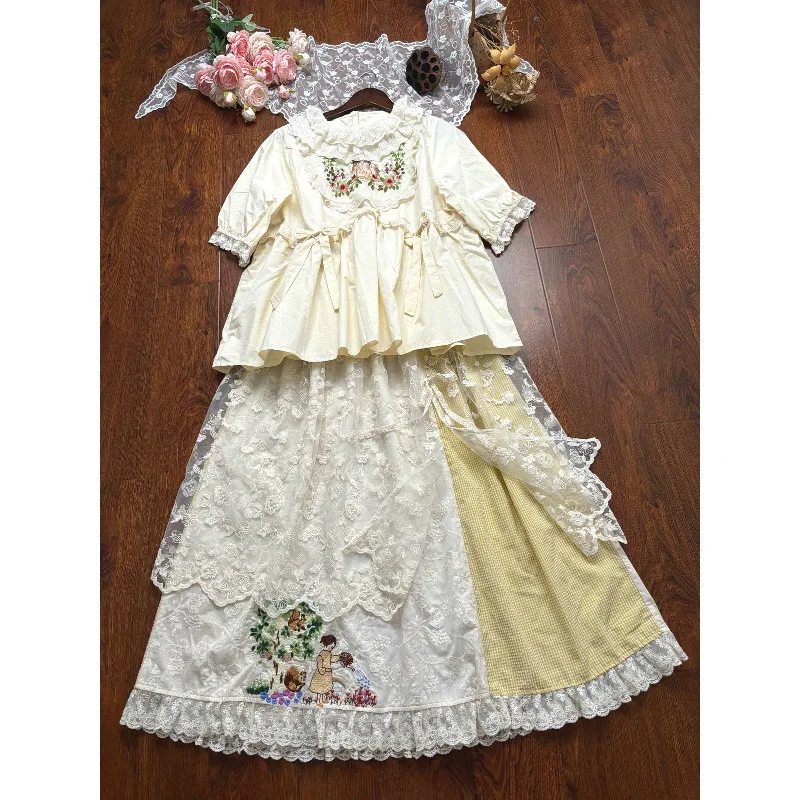 

Lace Collar Machine Embroidery Sweet Girl Short Sleeve Shirt Top Mori Style Age-Reducing Artistic and Loose