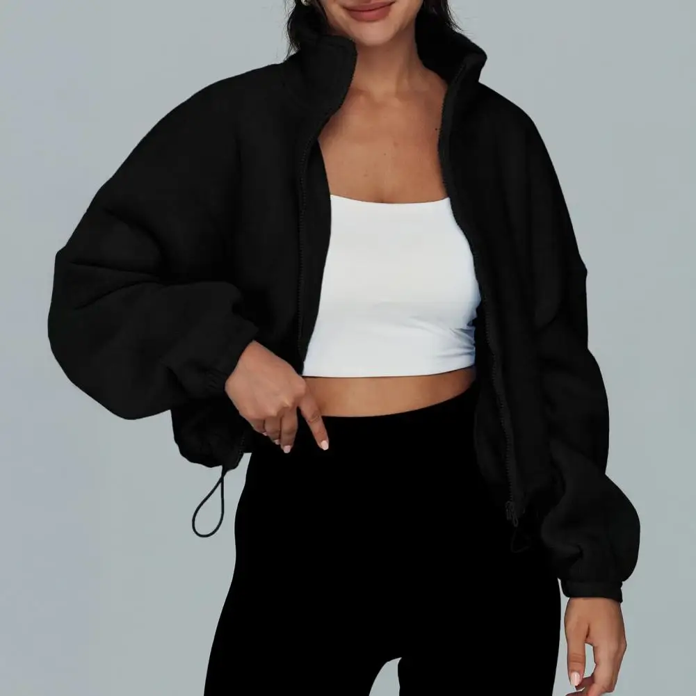 2025 Women's Full Zip Fleece Short Jacket Winter Long Sleeve Cropped Coat Drawstring Hem Stand Collar Warm Workout Top