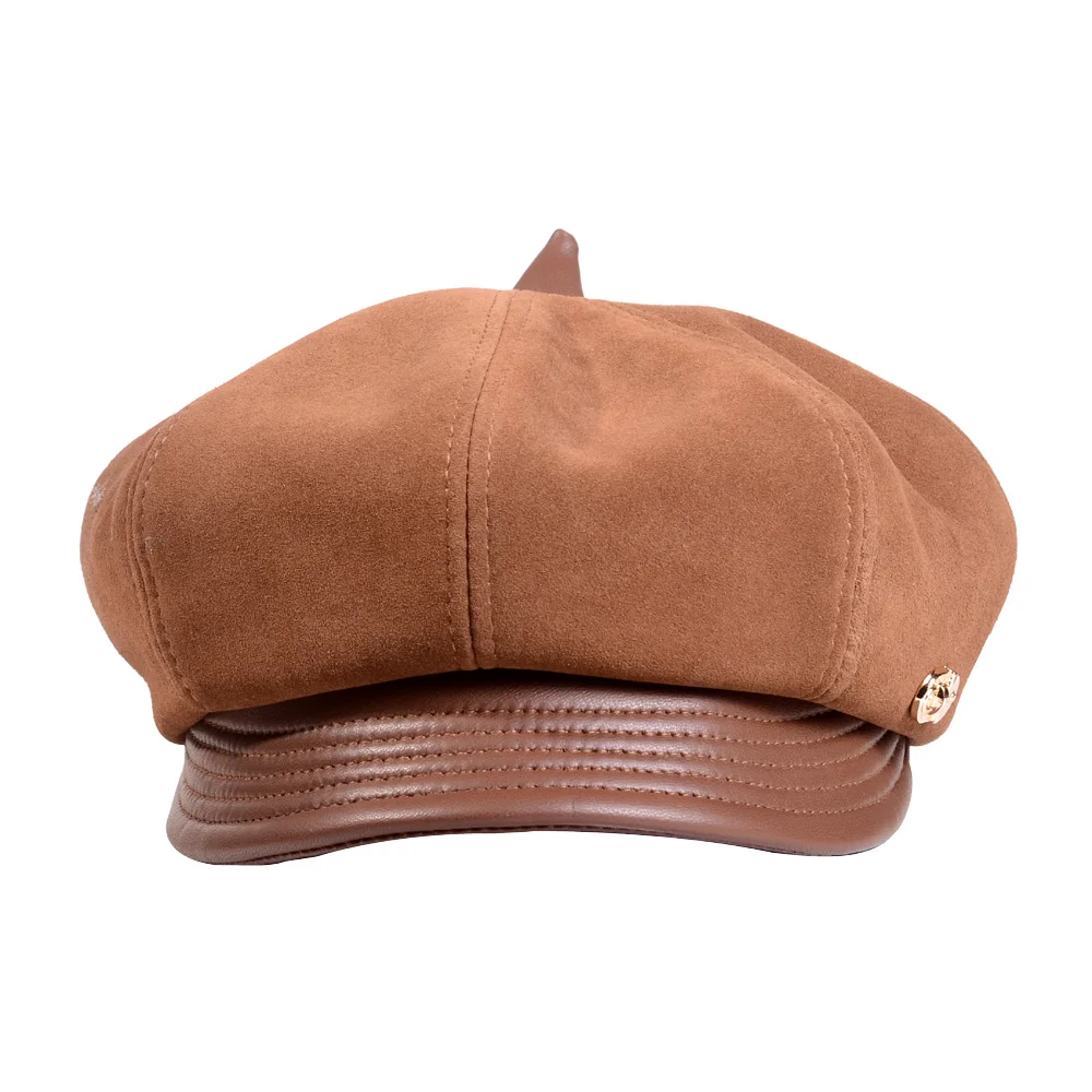 Winter Warm Real Leather Woolen Cap Women's Ladies Genuine Leather Adjustable Casual Newsboy Beret Painter Caps/Hats