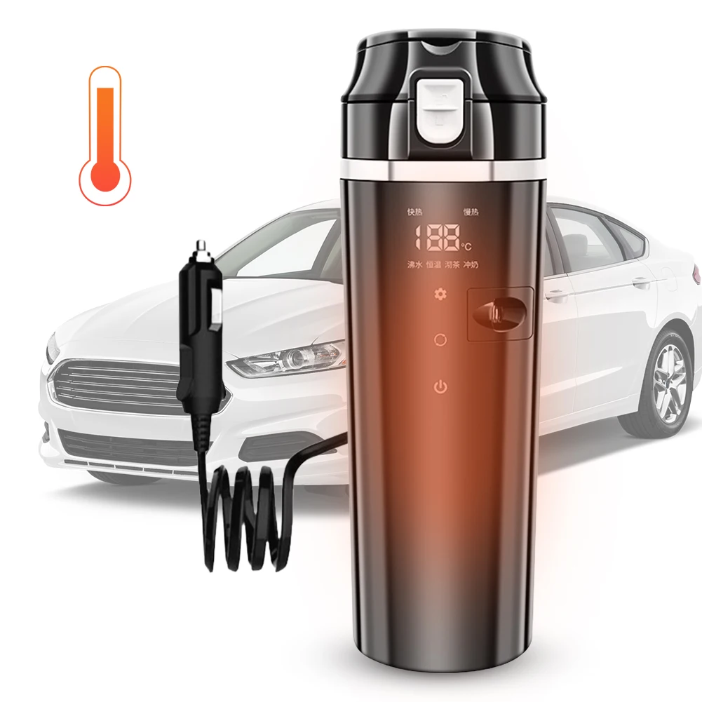 12V/24V Car Heating Cup Smart Temperature Control Electric Water Cup Stainless Steel Coffee Milk Heated Kettle 500ML Thermos Cup