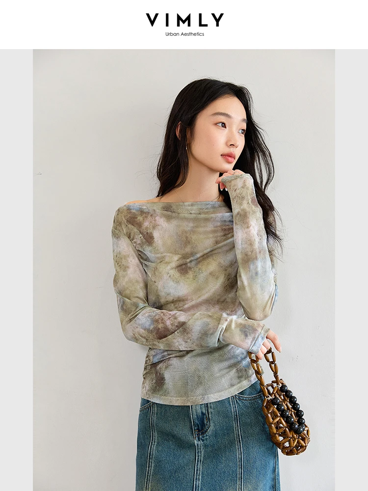 VIMLY Women's Printed Mesh T-shirt Ladies Elegant Tops 2025 Fashion Slim-fit Long Sleeve Tee Shirt for Woman Clothing A0085