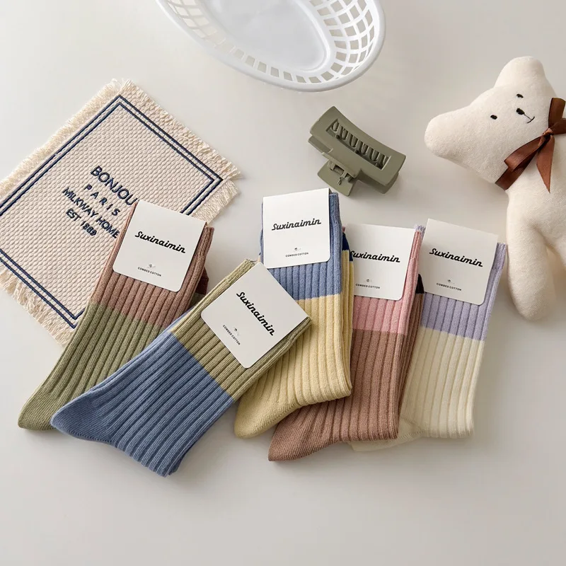 CHAOZHU Women Casual Socks Cotton Korean Color Patchwork Striped Stretch Rib Stretch Young Aesthetic Fashion Sox 2022