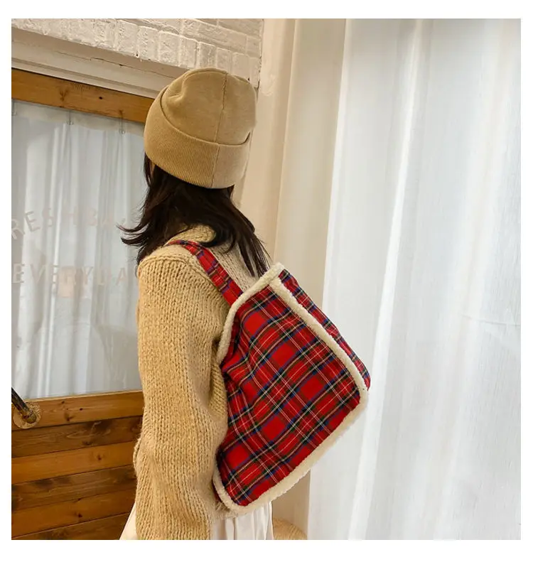 Women Bag Vintage Autumn Winter Plaid Casual Fashion Sweet Fluffy Shoulder Bag Handbag Bookbag for Students