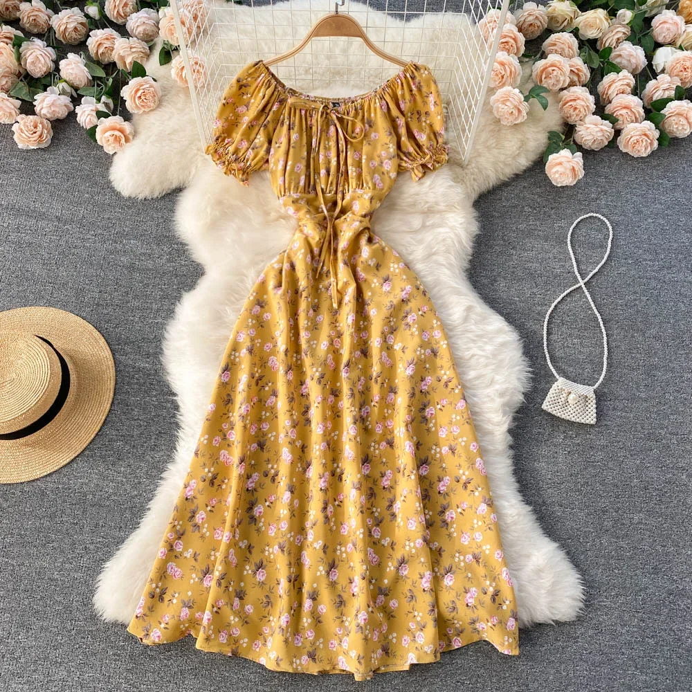 Women Floral Dress bohemian A-Line slash neck short sleeves dress summer vintage beach off shoulder Polka Dot Sundress