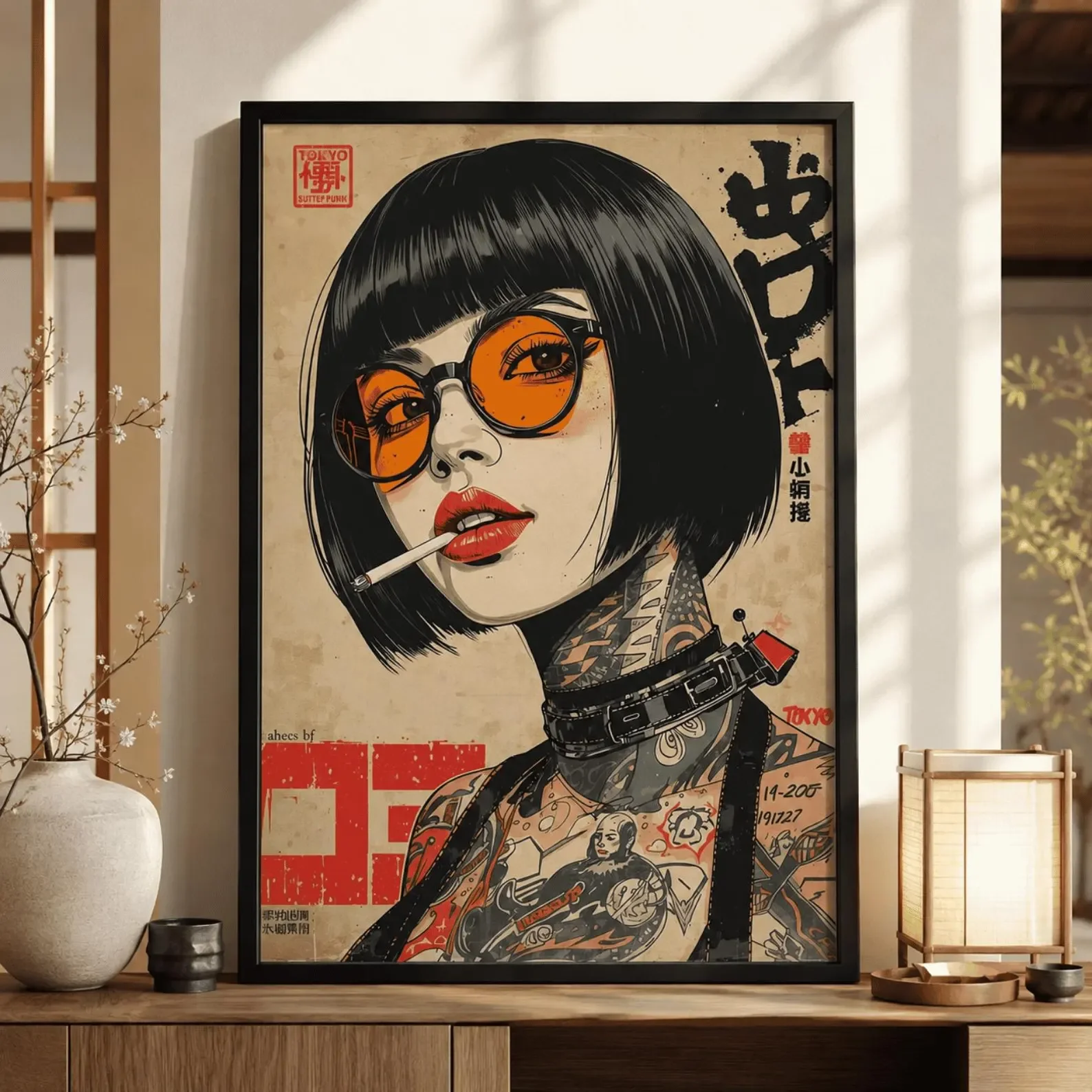 Retro-Leinwand-Kunstdruck mit japanischer Frau, die raucht, rahmenloses Vintage-Indie-Leinwandposter für die Dekoration des Wohnzimmers, Geschenk für Frauen