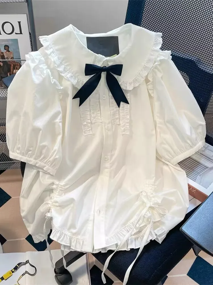 

Japanese Summer Peter Pan Collar Women Shirts Preppy Style Puff Short Sleeve Y2k Tops Loose Casual Bow Cute Lolita White Blouses
