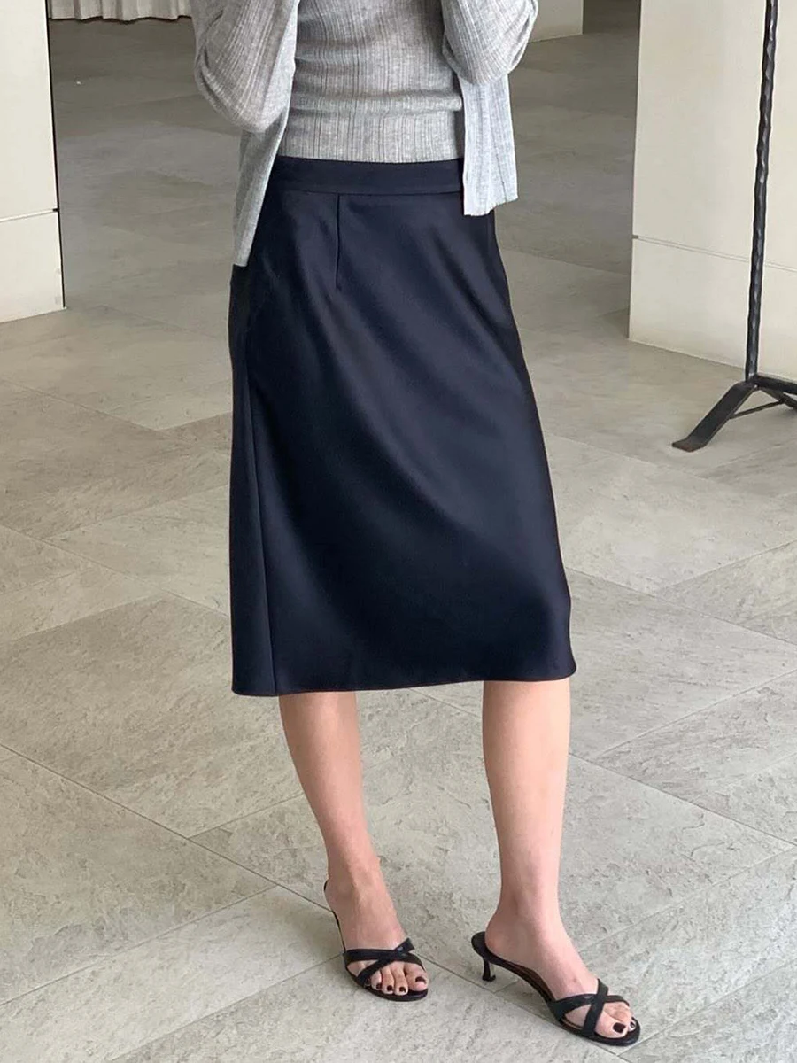 Falda Midi de satén liso a la moda coreana para mujer, novedad de verano, Faldas ajustadas de cintura alta acampanadas, Faldas cortas Vintage informales simples