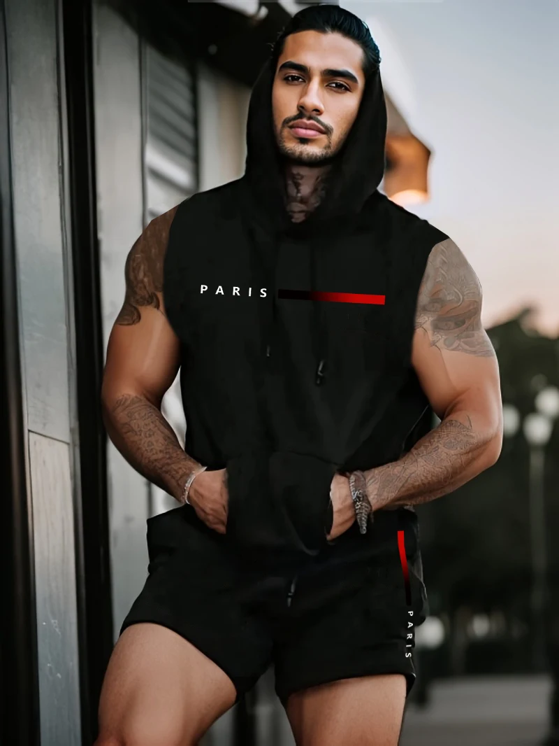 

Men's Summer Fashionable Casual Hooded Vest and Shorts Set with Paris Alphabet Print, Gradient Stripes, Simple for Daily Wear
