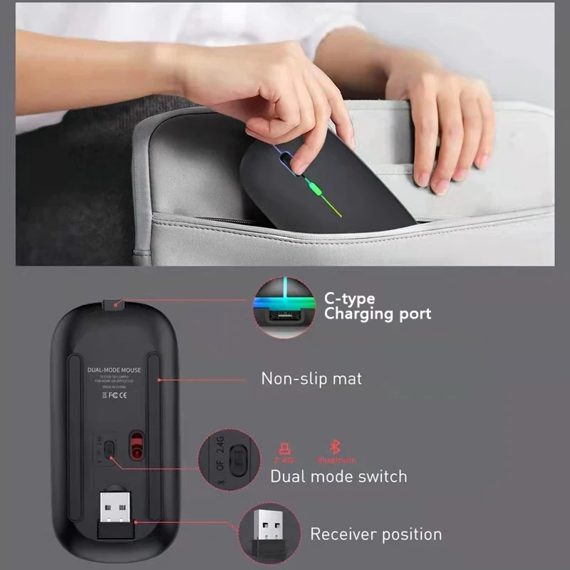 เมาส์ไร้สาย 2.4GHz บลูทูธเมาส์แบบชาร์จไฟได้เมาส์สำหรับเล่นเกมตามหลักสรีรศาสตร์ที่เงียบสงบพร้อมไฟแบ็คไลท์ USB 1600DPI เมาส์สำหรับแล็ปท็อปพีซี