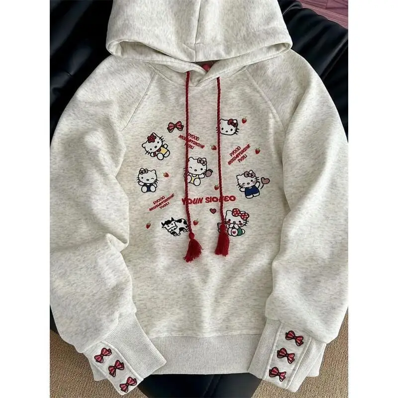 

Женская толстовка с капюшоном Sanrio Hello Kitty в академическом стиле с мультяшной вышивкой, утепленная, для осени и зимы, повседневная верхняя одежда