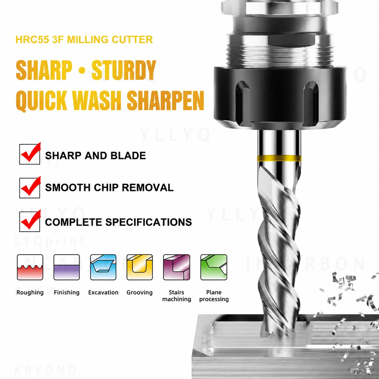 TGY HRC55 3-Flute Color Ring Flat End Mill Tungsten Carbide CNC Milling Cutter For Aluminum Metal Machining Center Tools