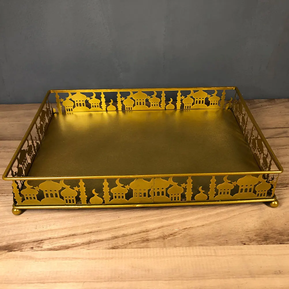 Wrought Iron Tray Eid Mubarak Metal Food Trays Serving Dessert Islamic Theme Kitchen Supplies Snack Jewelry Candy Plate