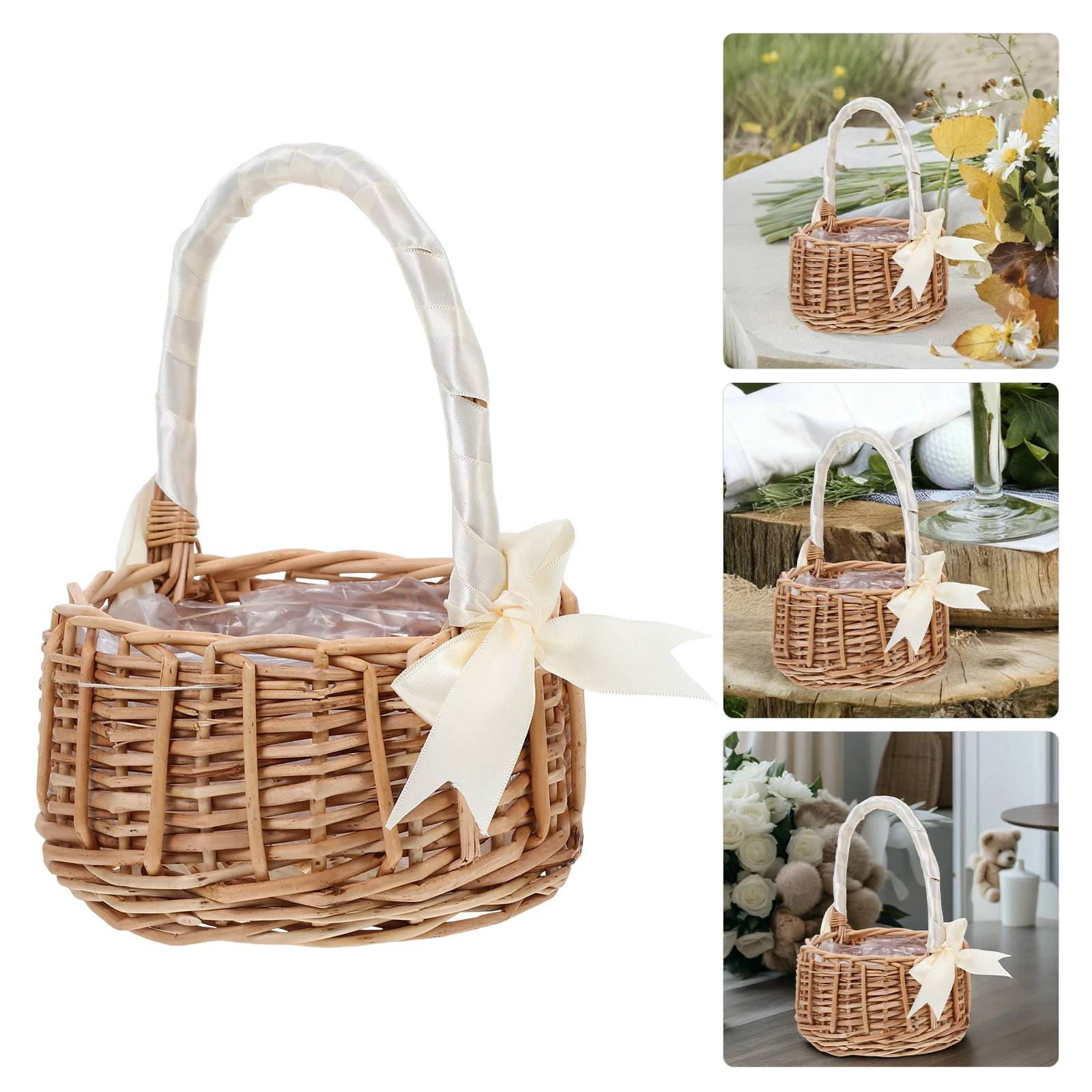

Willow Flower Girl Baskets Handwoven Wedding Gift Basket White Ribbon Bowknot Handle Natural Material Storage