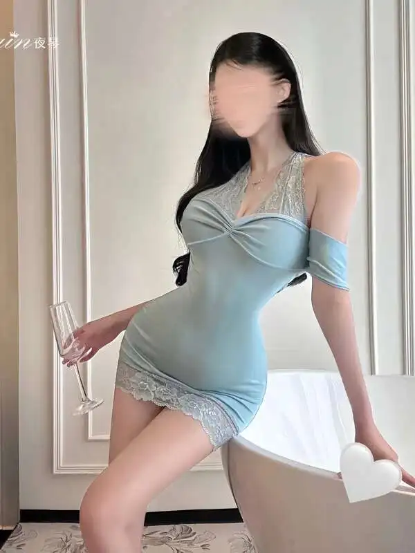 Mesh Kant Blauwe Tank Mini Jurk T-shirt Mode Vrouwen Tops 2025 Nieuwe Sexy Pure Desire Halter Nachthemd Uniform Jurk Elegante CAG4