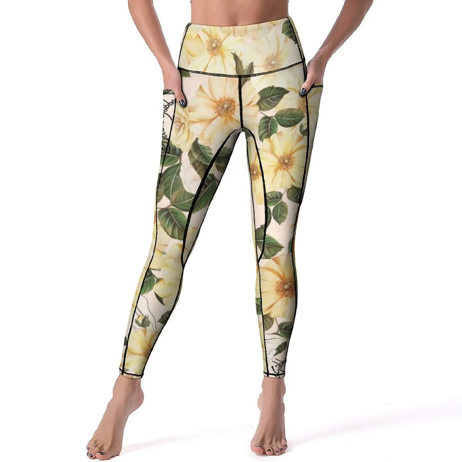 

Yellow Flower Print Yoga Pants Women Green Leaf Leggings Push Up Cute Yoga Legging Stretch Custom Workout Sports Tights