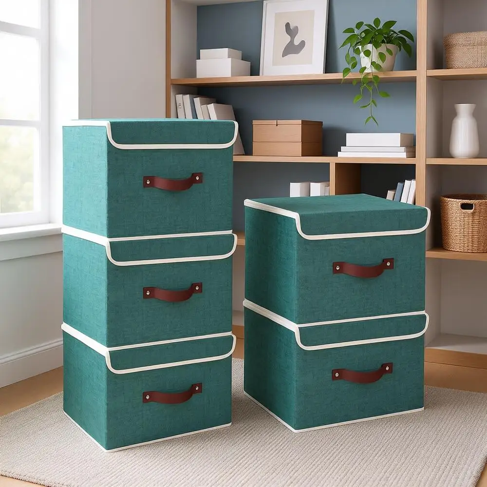 

Foldable Storage Boxes with Lids 5 Pack Fabric Storage Bins, Closet Organizers for Clothes, Room, Office, Toys - Aqua Deep