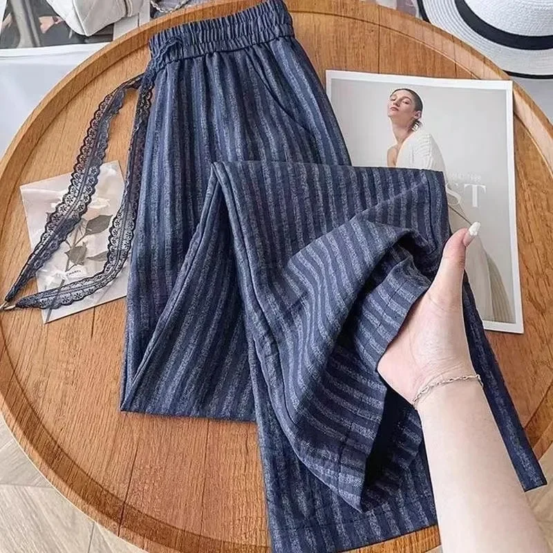 Spring Women Fashion Loose Wide Legs Trousers Female High Waist Striped Straight Leg Pants summer Ladies Casual Linen Pantalons