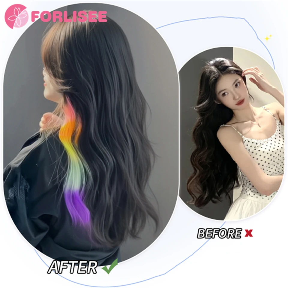 FORLISEE Synthetic Ear-hanging Dyed One-piece Rainbow Color Big Wave Seamless Thin Long Straight Hair Colorful Hair Piece