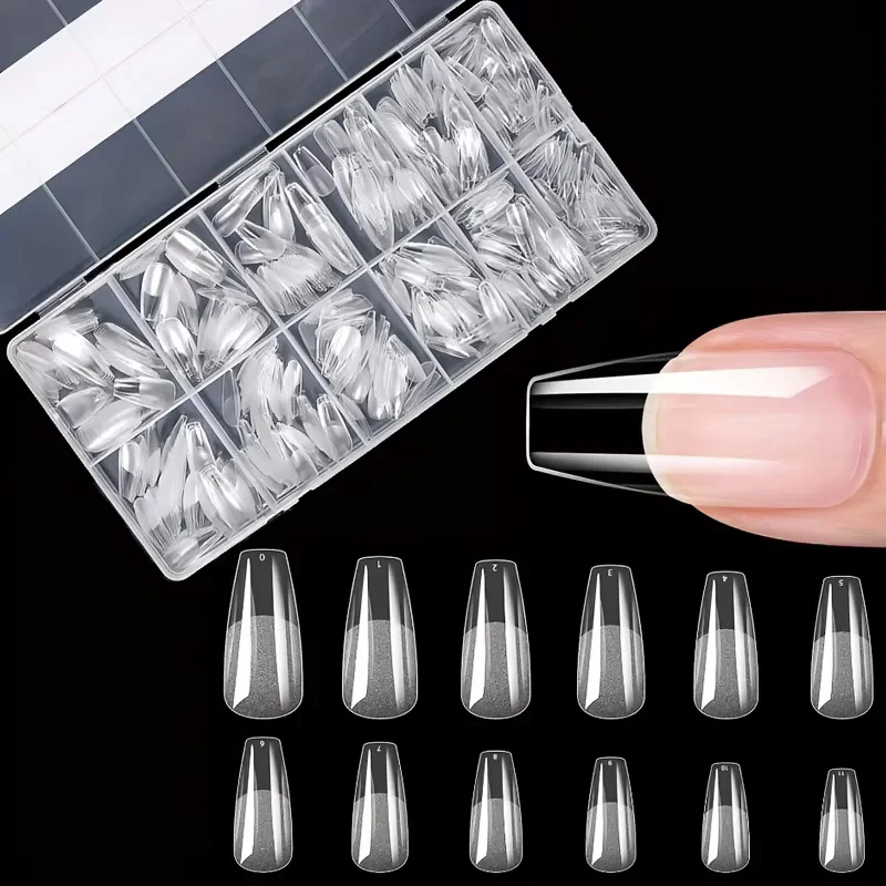 600 morceaux d'autocollants pour faux ongles à couverture complète, style aiguille, en forme d'amande, de forme carrée, pointue, de style français, autocollants d'extension pour ongles en gel amovibles dans l'emballage en capsules